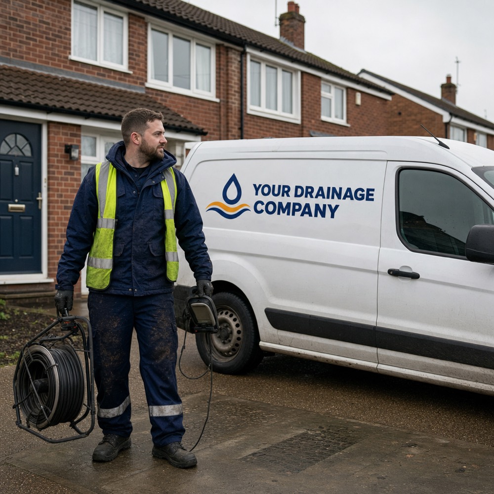 Your Drainage Co. engineer with jetting and camera equipment beside a liveried van outside a house