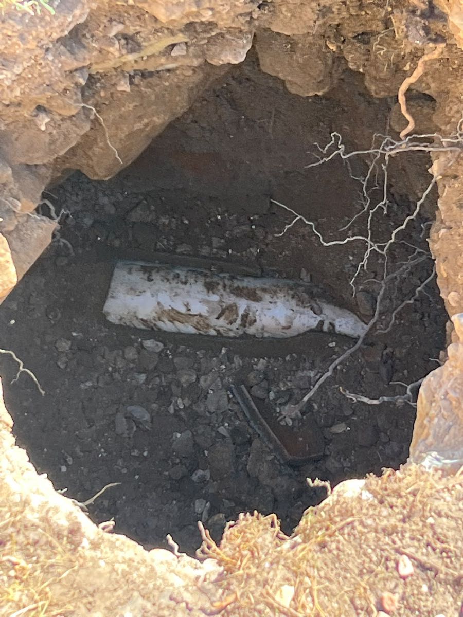 Excavated hole exposing a buried pipe with tree roots growing around it